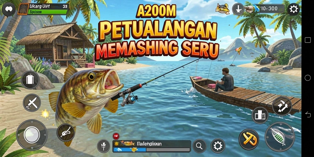 Tampilan gameplay menarik dengan banyak ikan yang menunggu untuk ditangkap.