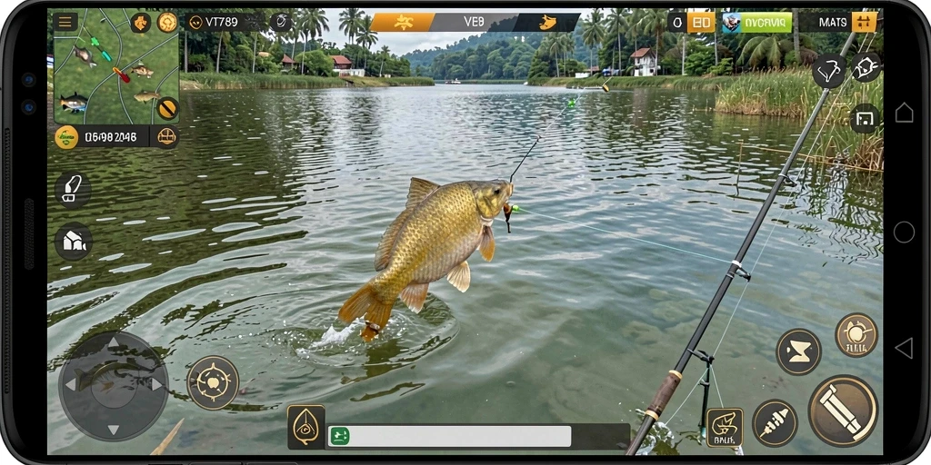Screenshot gameplay VT789 menampilkan aksi memancing yang mendebarkan dan grafis yang indah.